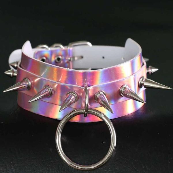 

kmvexo holographic spike choker punk laser leather collar rivet necklace statement oversized chocker club party harajuku qylqwr, White