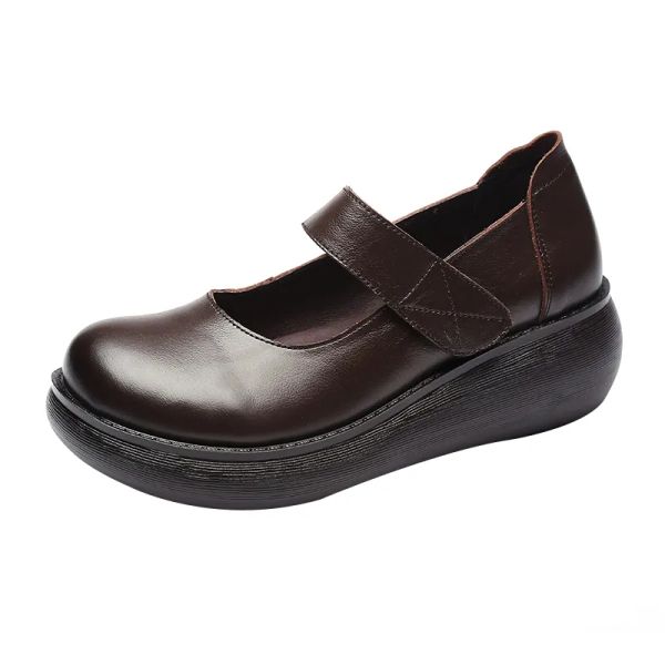 

fashion spring ladies shoes 2022 vintage handmade genuine leather women flat platform shoes comfort platform shoes black