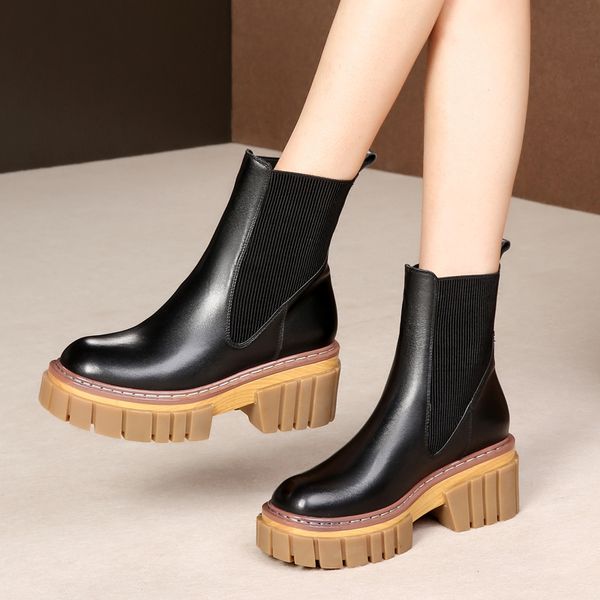 

morazora 2020 new arrival fashion ankle genuine leather square heels round toe slip-on women boots black