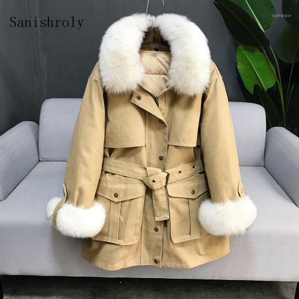 

sanishroly two-piece winter women sashes midi long coat warm thick white duck down jacket parka female fur collar outerwear s6931, Black