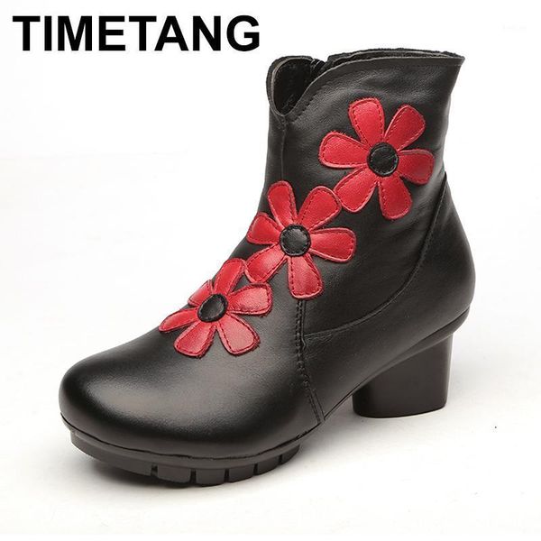 

timetang 2020 big red flower women boots cow round toes ankle boots high heels handmade shoes vintage genuine leather1, Black