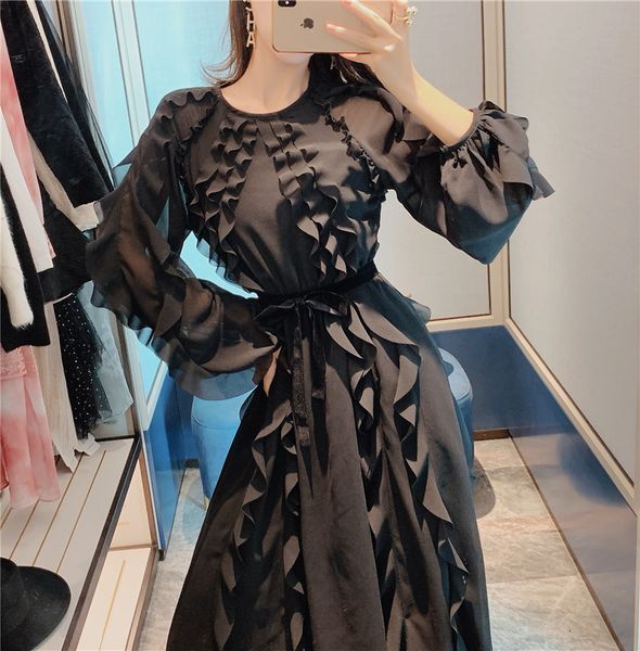 

new autumn woman dressed in ruffles elegant neck-neck lantern long sleeve dress female runway ladies 2021 pj3g, Black;gray