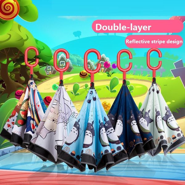 

cartoon totoro design windproof reverse umbrella for kids folding double layer c-hook hand inverted rain umbrella self stand child umbrella