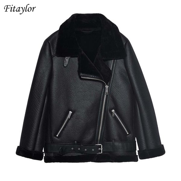 

fitaylor winter faux lamb leather jacket women faux leather lambs wool fur collar suede jacket coats female warm thick outerwear 201226, Black