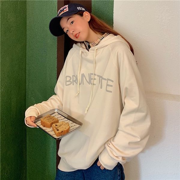 

хлопок осень топ корейский стиль ibzuk студент женщин clothingtop clothesnew 2019 рыхлой капюшон студента письмо одежды одежда женщины cloth, Black