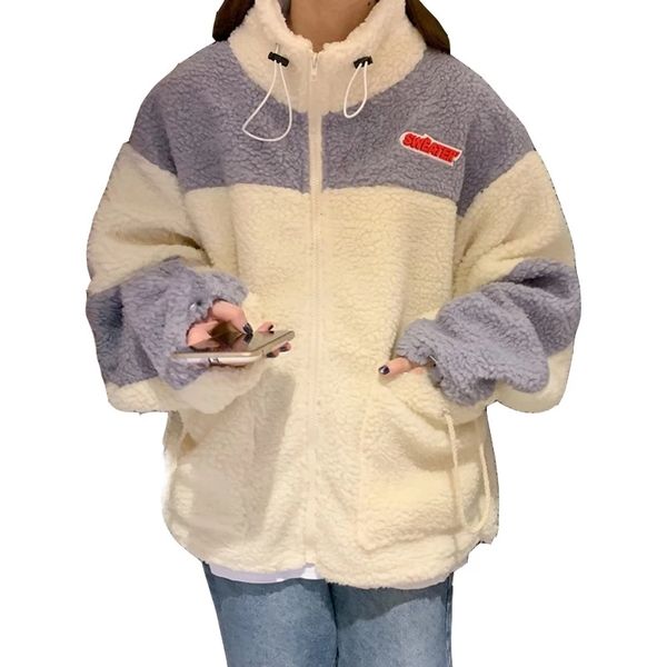 

2021 autumn and winter new plus velvet thick casual ladies zipper coat loose drawstring stitching lamb plush women sweatshirt, Black