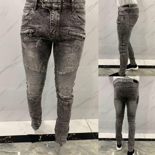 

high street biker designee fashion mens slim leg jeans black skinny fit spliced ripped jeans denim jeans 29-38, Blue