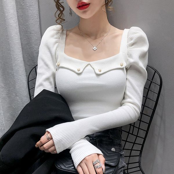

2020 leaky collarbone square neck bubble sleeve hepburn wind show thin watch machine long sleeve net red bottom clavicle upper autumn sh, White