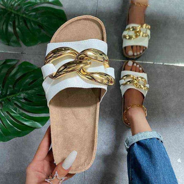 

large sandals women's 2022 summer new one-line metal leisure beach flat slippers for women, Black