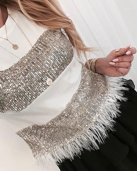 

women's sweaters sequin feather long sleeve blouse1, White;black