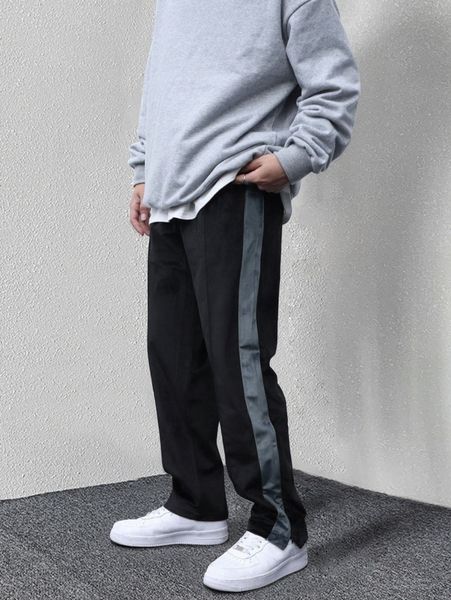 

men contrast side seam split hem velvet pants i6d8#, Black