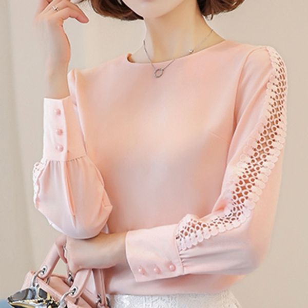 

womens blouses shirt summer hollow out lace and blouses geometry casual for work blusas white pink 9/10 sleeve women y200103