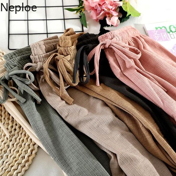 

neploe knitted pants women solid fashion drawstring stretch waist ladies trousers spring 2020 casual wide leg straight pants1, Black;white