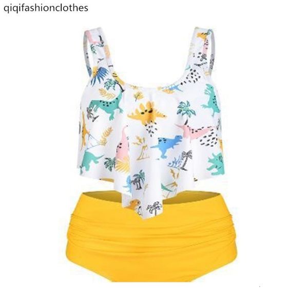 

single fat woman large size animal pattern big lotus leaf high waist double shoulders with spring split swimsuit female, White;black