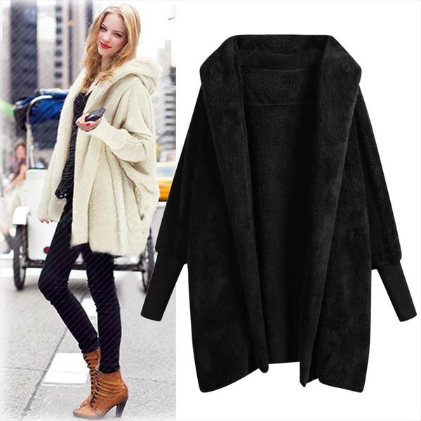 

women warm hooded casual sweatshirt coat ladies winter solid plush pockets cotton fashion coat female long sleeve outwear, Black