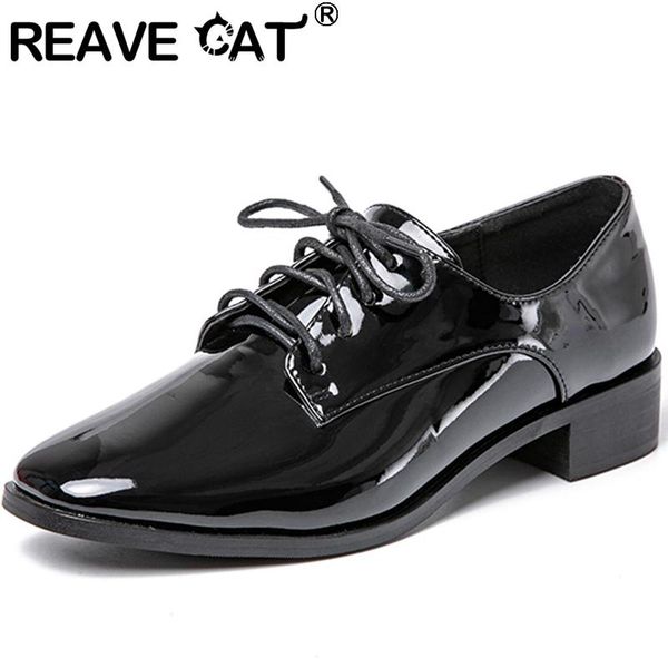 

reave cat women new 2021 pumps square toe 3.5cm block heels patent leather lace-up classic british comfort big size 40 a3677, Black