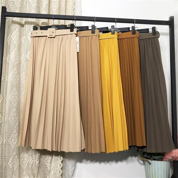 

sheblingbling pleated skirt spring autumn elastic high waist women solid a line skirt female long skirts casual swing midi, Black