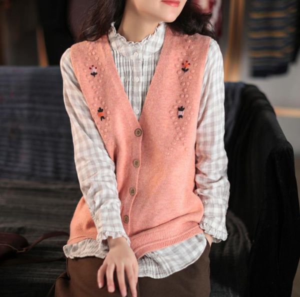 

autumn winter vests women casual embroidery loose single breasted v-neck collar sleeveless wild, Black;white