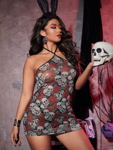 

plus halloween skull & floral print slips with thong r7gz#, Black;white