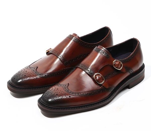 

carved brogue shoes men slip on buckle strap genuine leather dress shoes handmade vintage smart casual height increasing, Black