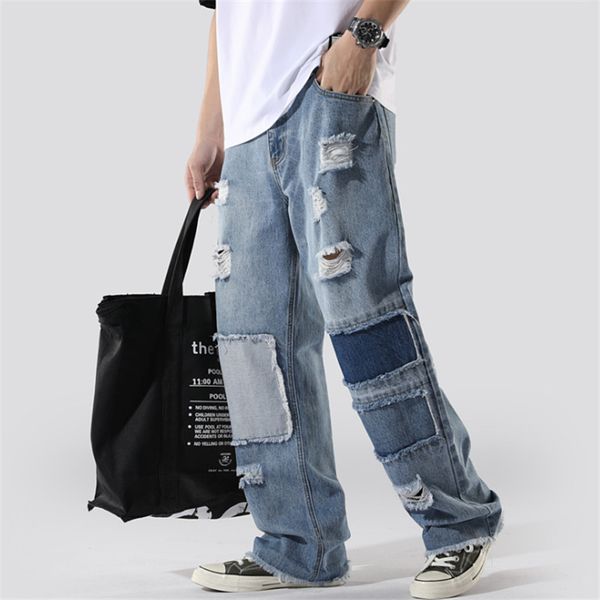 

2020 foreign trade european and american ripped men's jeans loose straight leg old patch beggar pants hip-hop raw edge trousers size, Blue
