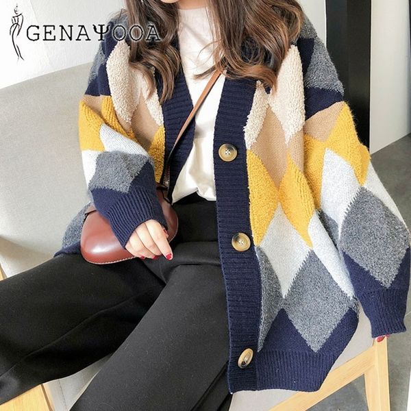 

genayooa ladies coat women cadigans v neck single breasted long sleeve knit sweater cadigans knitwear jumper korean style 201031, White;black
