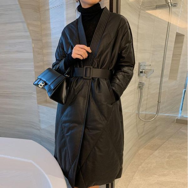 

quality haining leather fur coats long coat of cultivate morality, 2020 new female waist fur sheep leather coat1, Black