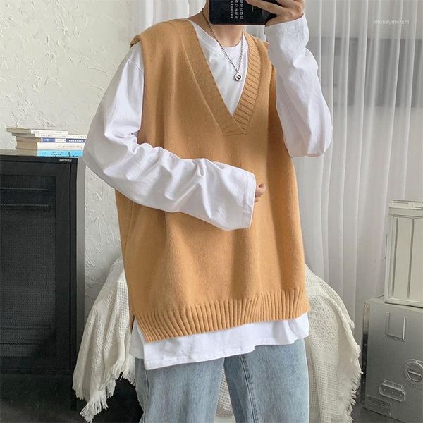 

men's vests korean sweater vest men's fashion solid color casual v-neck knitted pullover men loose knitting sweaters mens clothes, Black;white