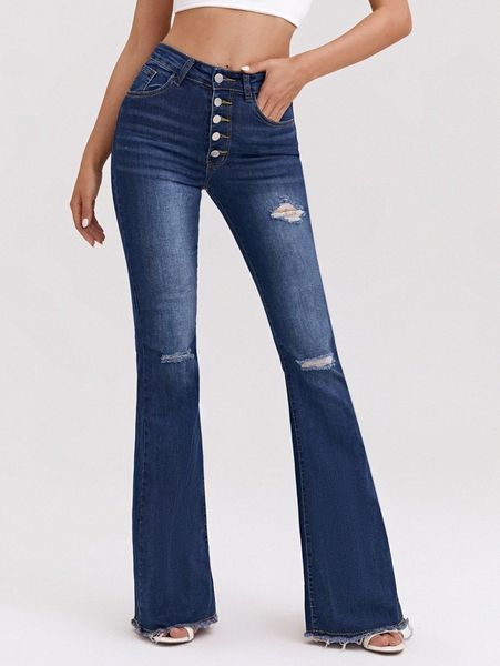 

high waist ripped detail flare leg jeans z3is#, Blue