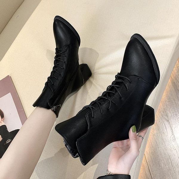 

boots 2021 autumn and winter thick-heeled high-heeled women's short pointed toe plus velvet mid-tube, Black