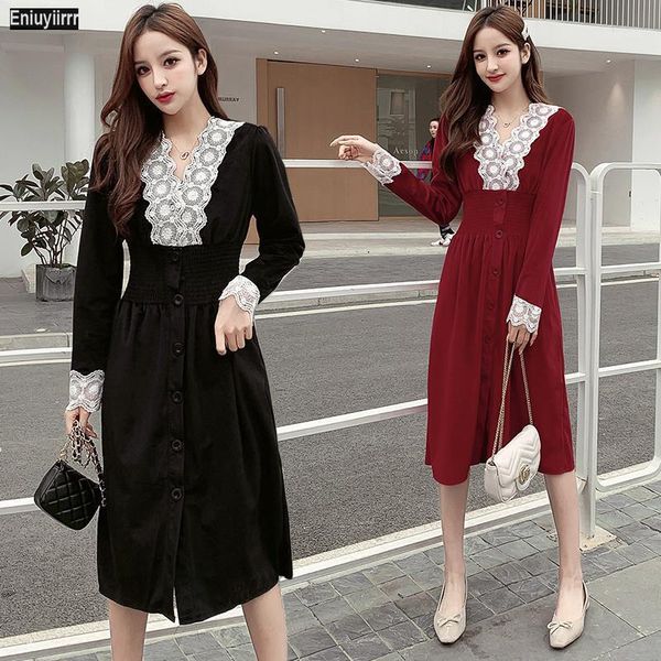 

new arrivals winter spring women long sleeve white lace v neck a line black dress 10061, Black;gray