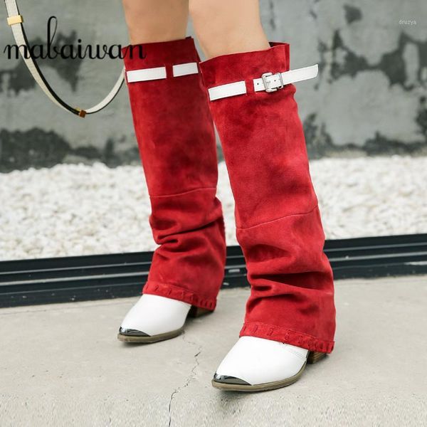 

mabaiwan fashion cow suede women knee high boots autumn winter warm square high heel shoes women zapatillas mujer retro booties1, Black