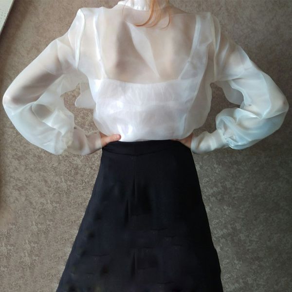 

european and american womens clothing loose organza shirt for women 2020 new bow lace-up bubble long sleeve top, White