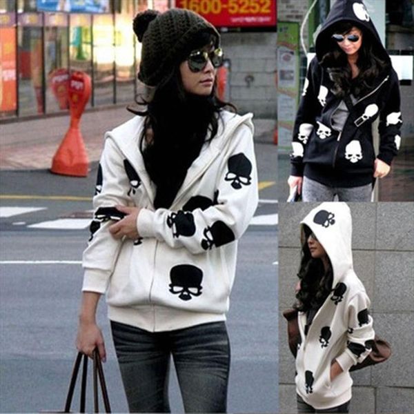 

2020 new product womens skull zipper hooded fashion casual hoodies jacket coat harajuku female drop shipping, Black