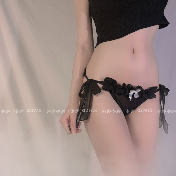 

japanese style kawaii girl chiffon bowknot bandage lace up underwear low waist briefs women's thongs, Red;black