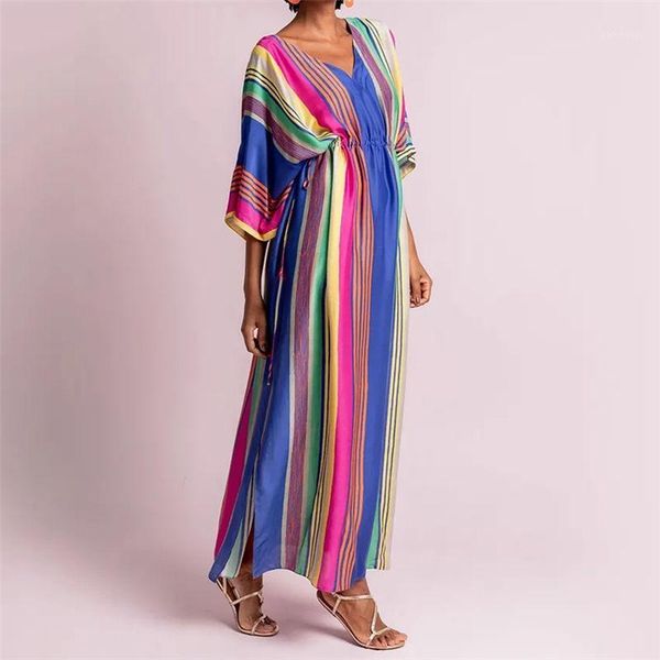 

2020 bohemian multicolored striped v-neck bat sleeve high waist summer beach dress plus size women beachwear maxi dress n10331, White