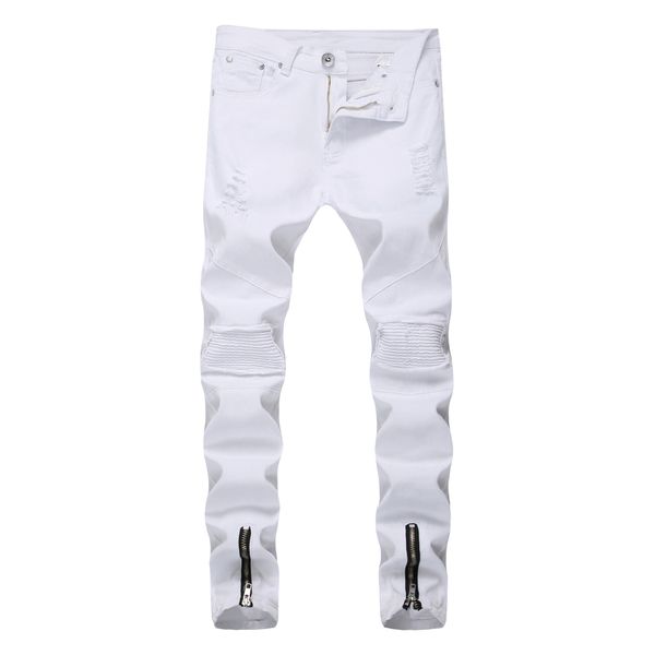 Homens jeans homens brancos cor sólida desgastado slim-fit bicicletas calças de lápis clássico streetwear entrega gratuita