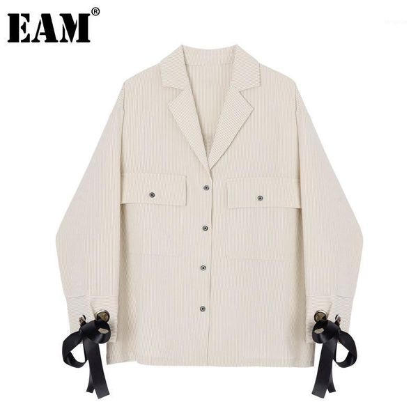 

eam] women light beige bandage bow big size blouse new lapel long sleeve loose fit shirt fashion tide spring autumn 2021 1z4711, White