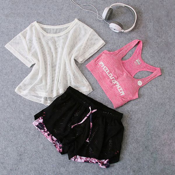 

sportswear 3 piece yoga set women gym cloth sport suit shirt bra+shorts female workout athletic running fitness clothing c1114, Black;white