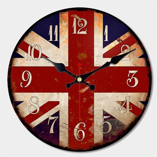 

retro large wooden wall clock uk british flag rust roman numeral non-ticking silent quiet vintage round clock