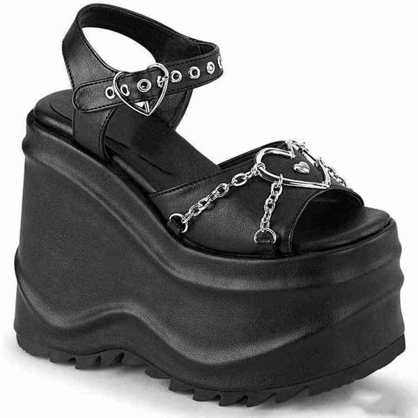 

summer big slope heel sandals women's 2022 new fashion high heels metal chain roman sandals, Black