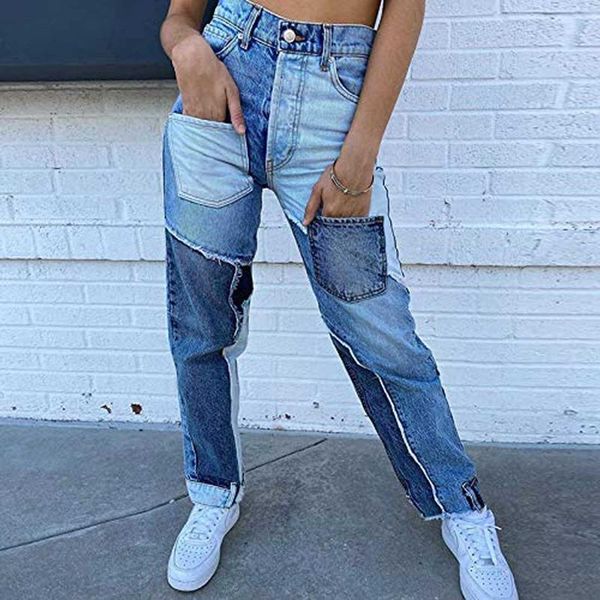 

hip hop autumn patchwork pockets jeans women high waist straight jeans ladies trousers female denim pants for woman, Blue
