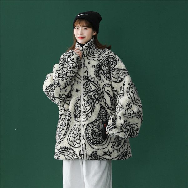 

winter 2021 new tide lamb wool work done with male hip-hop loose couple cotton velvet white cargo jacket r8tb, Black