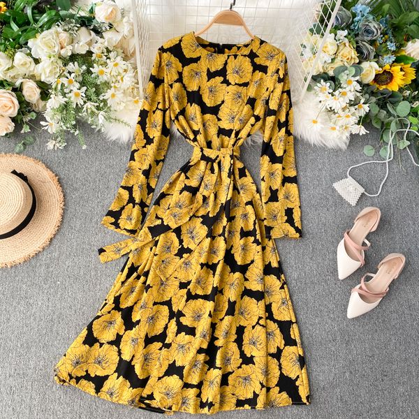 

chiffon print feminine stripes the vintage spring line 2021 fancy korean long floral dress mujer 37zu, Black;gray