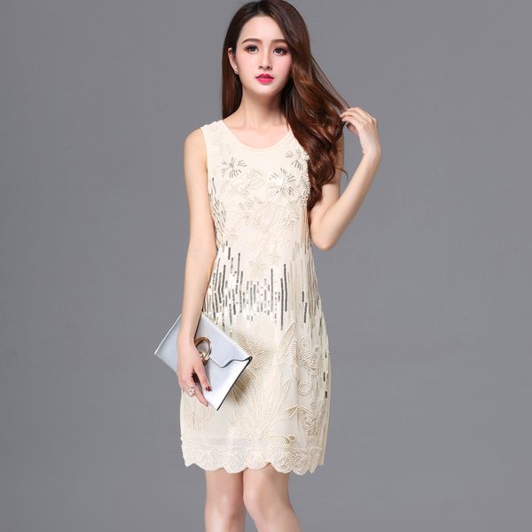 

Women Cheap Beaded Sequin Embroidery Sleeveless Plus Size Lady Holiday Party 1920s Gatsby Summer Cocktail Dresses Party Dresses, Beige