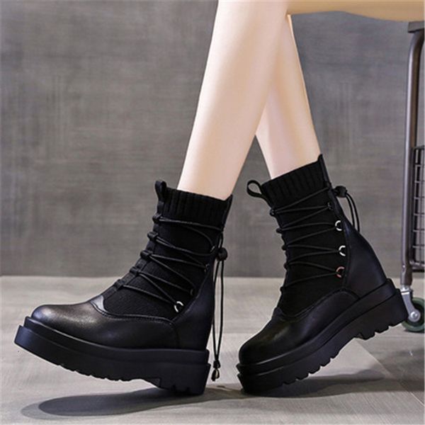 

new autumn 2021 leather for a strapping raise height shoes woman high heels fashion black mujer boots i22j