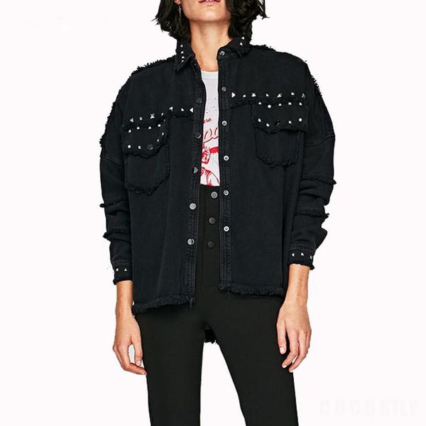 

yuzacdwx autumn studded frayed hem denim jacket women coats lapel single breasted 2020 women's jackets and coats, Black;brown