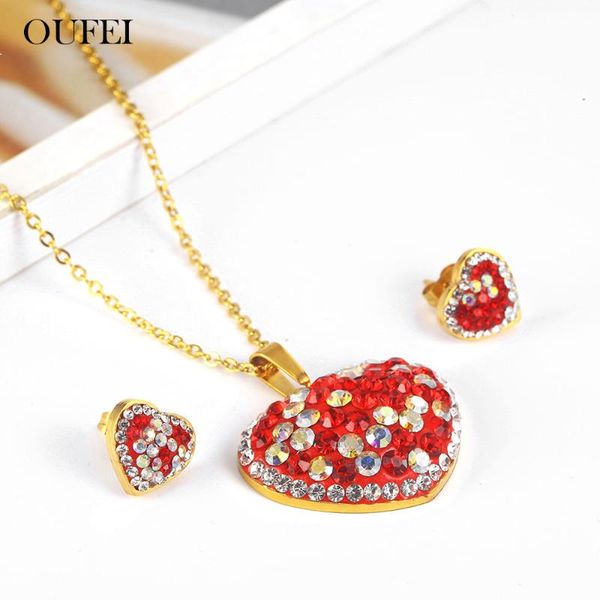 

oufei red heart necklace earrings set stainless steel jewelry woman 2021 jewelry sets accessories bohemian, Silver