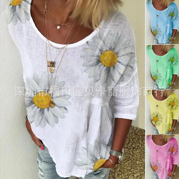 

2020 summer new european and american chrysanthemum print round neck 3 4 sleeve t shirt women plus size, White