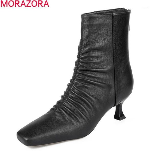 

morazora 2020 genuine leather boots fashion square toe high heels ladies shoes autumn winter fold ankle boots for woman1, Black